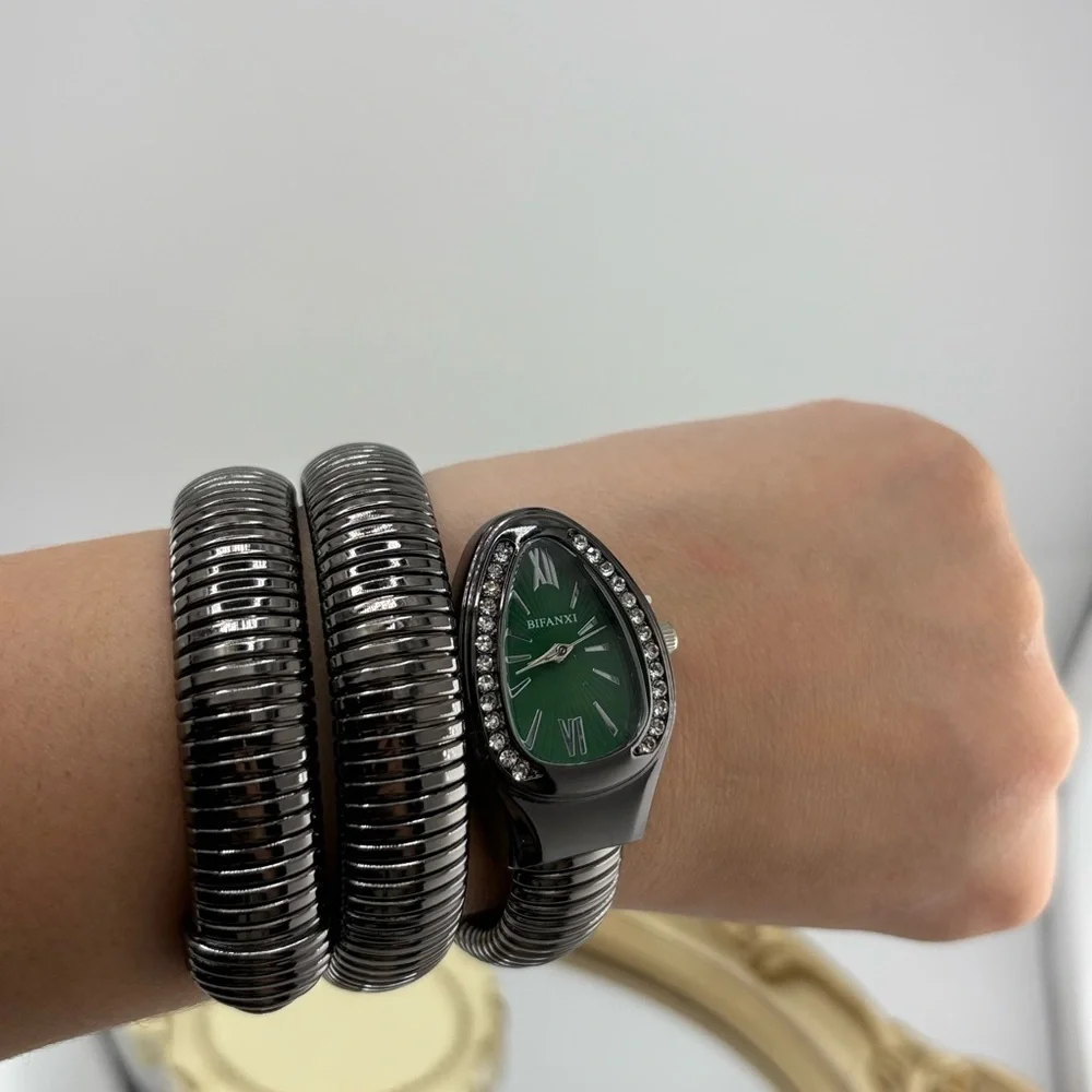 Serpenti Style Wrap Watch – Black & Silver Tone | Green Dial